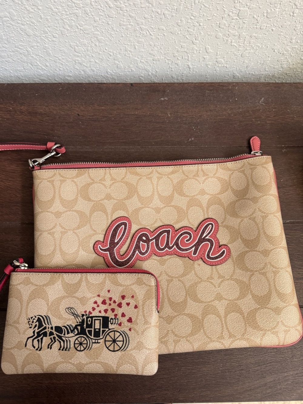 Coach Tan and Pink Logo Wristlet Set